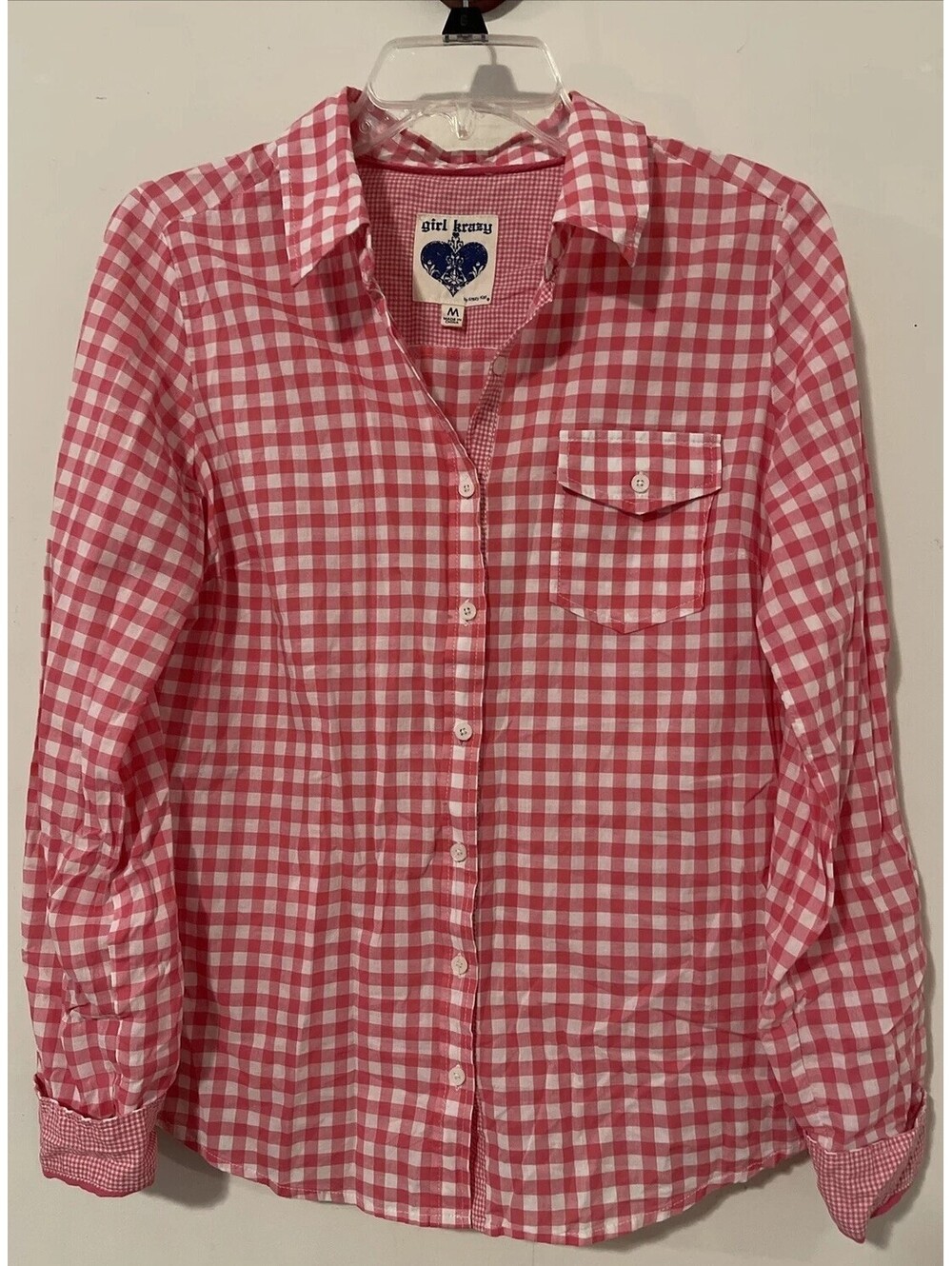 Krazy Kat Womens Medium Pink Striped Plaid Button-Up Cotton Shirt! A5320